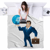 Businessman Holding Briefcase And Globe Blankets 53235703