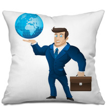 Businessman Holding Briefcase And Globe Pillows 53235703