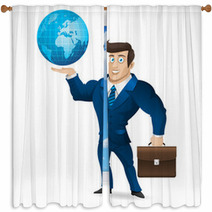 Businessman Holding Briefcase And Globe Window Curtains 53235703