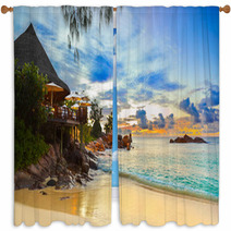 Cafe On Tropical Beach At Sunset Window Curtains 41626895