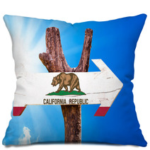 California Flag Wooden Sign With Sky Background Pillows 82949568