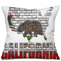 California On A Brick Wall Illustration California Flag Painted On Brick Wall Font With The California Flag California Map On A Brick Wall Pillows 138401690