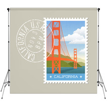 California Postage Stamp Design Vector Illustration Of Golden Gate Bridge Grunge Postmark On Separate Layer Backdrops 128199816