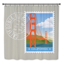 California Postage Stamp Design Vector Illustration Of Golden Gate Bridge Grunge Postmark On Separate Layer Bath Decor 128199816