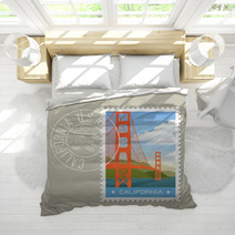 California Postage Stamp Design Vector Illustration Of Golden Gate Bridge Grunge Postmark On Separate Layer Bedding 128199816