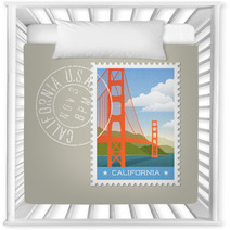 California Postage Stamp Design Vector Illustration Of Golden Gate Bridge Grunge Postmark On Separate Layer Nursery Decor 128199816