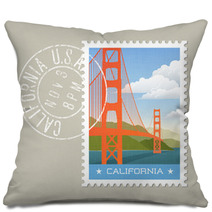 California Postage Stamp Design Vector Illustration Of Golden Gate Bridge Grunge Postmark On Separate Layer Pillows 128199816