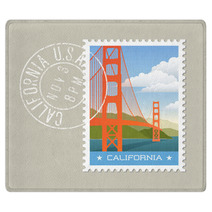 California Postage Stamp Design Vector Illustration Of Golden Gate Bridge Grunge Postmark On Separate Layer Rugs 128199816