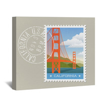 California Postage Stamp Design Vector Illustration Of Golden Gate Bridge Grunge Postmark On Separate Layer Wall Art 128199816