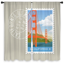 California Postage Stamp Design Vector Illustration Of Golden Gate Bridge Grunge Postmark On Separate Layer Window Curtains 128199816
