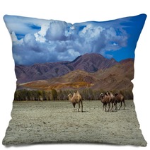 Camel Herd And Mountain View Steppe Landscape, Blue Sky With Clouds. Chuya Steppe Kuray Steppe In The Siberian Altai Mountains, Russia Pillows 99606700