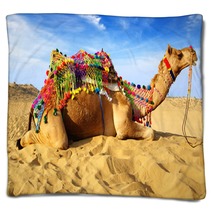 Camel On The Background Of The Blue Sky. Bikaner, India Blankets 40959331