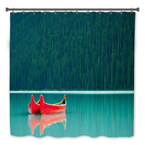 Canoes Floating Peacufully On Lake Louise Near Banff. Bath Decor 51212139