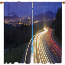 Car Lights At Night On The Road Going To The City Window Curtains 79106256