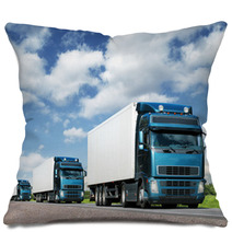 Caravan Of  Trucks On Highway, Cargo Transportation Concept Pillows 39307969