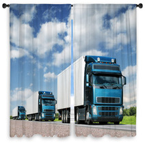 Caravan Of  Trucks On Highway, Cargo Transportation Concept Window Curtains 39307969