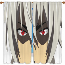 Cartoon Face With Red Eyes On White Background Web Banner For Anime Manga In Japanese Style Vector Illustration Window Curtains 212945442