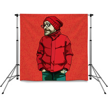 Cartoon Funny Man In Red Winter Clothes Backdrops 126849394