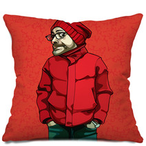 Cartoon Funny Man In Red Winter Clothes Pillows 126849394
