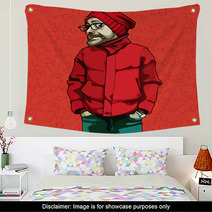 Cartoon Funny Man In Red Winter Clothes Wall Art 126849394