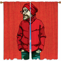 Cartoon Funny Man In Red Winter Clothes Window Curtains 126849394
