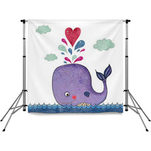 Cartoon Illustration With Whale And Red Heart Backdrops 72789320