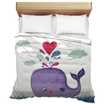 Cartoon Illustration With Whale And Red Heart Bedding 72789320