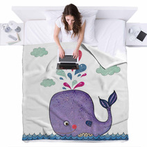 Cartoon Illustration With Whale And Red Heart Blankets 72789320