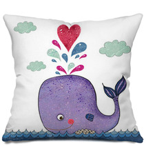Cartoon Illustration With Whale And Red Heart Pillows 72789320
