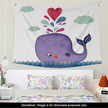 Cartoon Illustration With Whale And Red Heart Wall Art 72789320