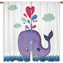 Cartoon Illustration With Whale And Red Heart Window Curtains 72789320