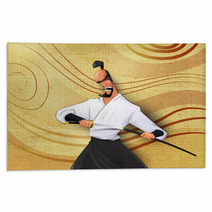 Cartoon Llustration Of Japanese Samurai Rugs 143795549