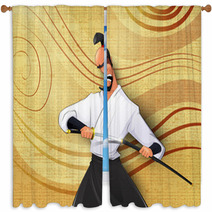 Cartoon Llustration Of Japanese Samurai Window Curtains 143795549