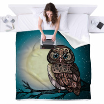 Cartoon Owl And Full Moon. Blankets 55712653