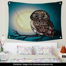 Cartoon Owl And Full Moon. Wall Art 55712653