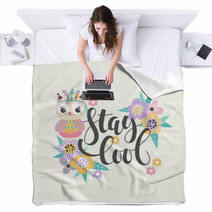 Cartoon Owl And Lettering Blankets 180127803
