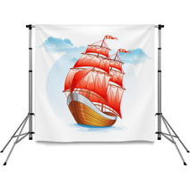 Cartoon Sailboat Ship With Red Sails Backdrops 52186512