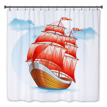 Cartoon Sailboat Ship With Red Sails Bath Decor 52186512