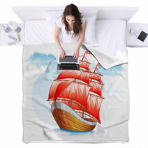 Cartoon Sailboat Ship With Red Sails Blankets 52186512