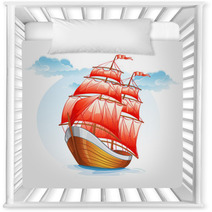 Cartoon Sailboat Ship With Red Sails Nursery Decor 52186512