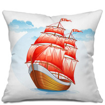 Cartoon Sailboat Ship With Red Sails Pillows 52186512