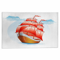 Cartoon Sailboat Ship With Red Sails Rugs 52186512