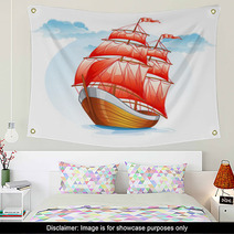 Cartoon Sailboat Ship With Red Sails Wall Art 52186512
