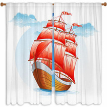 Cartoon Sailboat Ship With Red Sails Window Curtains 52186512