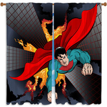 Cartoon Superhero From A Fiery Building Window Curtains 59101870