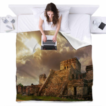 Castillo Fortress At Sunrise In The Ancient Mayan City Of Tulum, Blankets 62635311