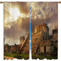 Castillo Fortress At Sunrise In The Ancient Mayan City Of Tulum, Window Curtains 62635311