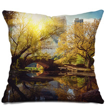 Central Park Pond And Bridge. New York, USA. Pillows 53458626