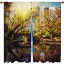 Central Park Pond And Bridge. New York, USA. Window Curtains 53458626