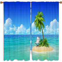 Chaise Lounge And Palm Tree On Tropical Island. Window Curtains 51295758